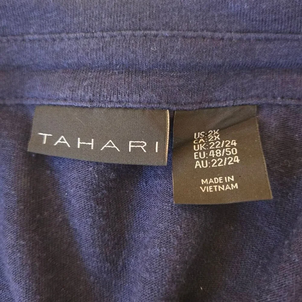 Tahari Womens Linen Blend Button Front 3/4 Sleeve Blouse Top Navy Blue Size 2X - Picture 6 of 11
